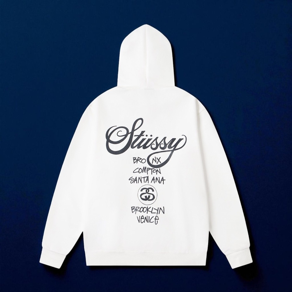 Stussy White Hoodie with Black Graphic